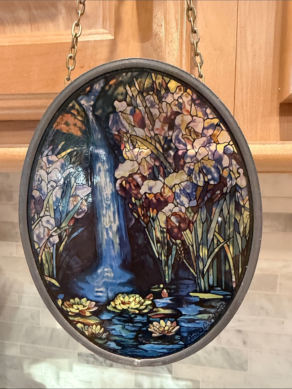 Tiffany Stained Glass Style Waterfall and Lily Pond Wall Art - Blue Multi